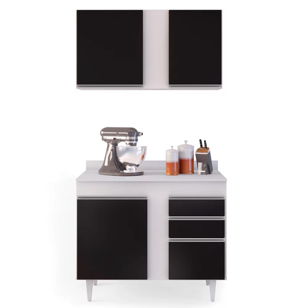 Kit Armário Aéreo e Balcão de Cozinha Lavanderia Aurora com Tampo Branco e Preto 100 cm - D'Rossi