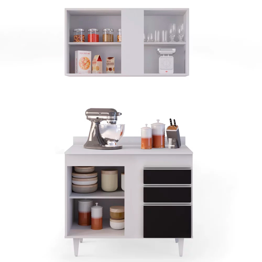 Kit Armário Aéreo e Balcão de Cozinha Lavanderia Aurora com Tampo Branco e Preto 100 cm - D'Rossi