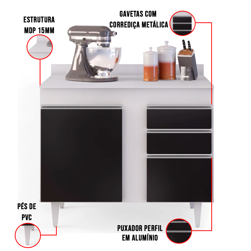 Kit Armário Aéreo e Balcão de Cozinha Lavanderia Aurora com Tampo Branco e Preto 100 cm - D'Rossi