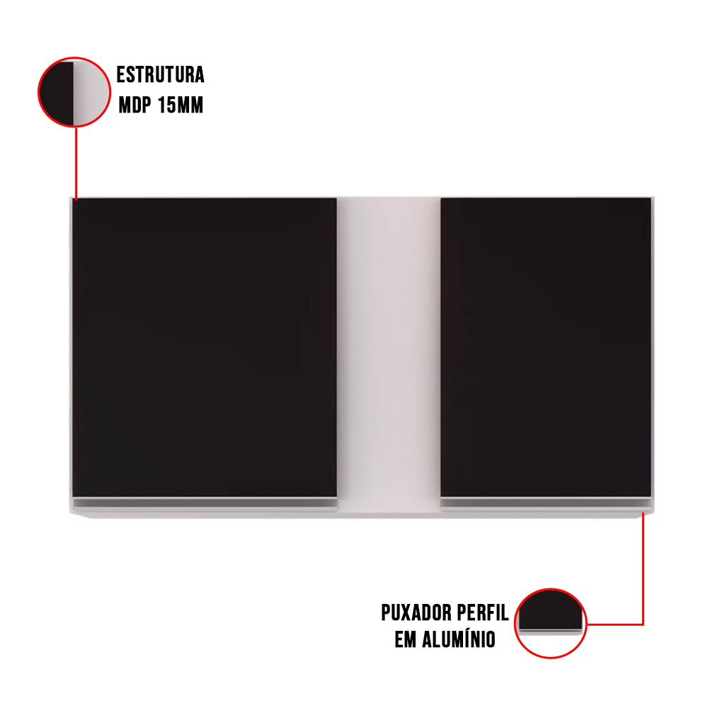 Kit Armário Aéreo e Balcão de Cozinha Lavanderia Aurora com Tampo Branco e Preto 100 cm - D'Rossi