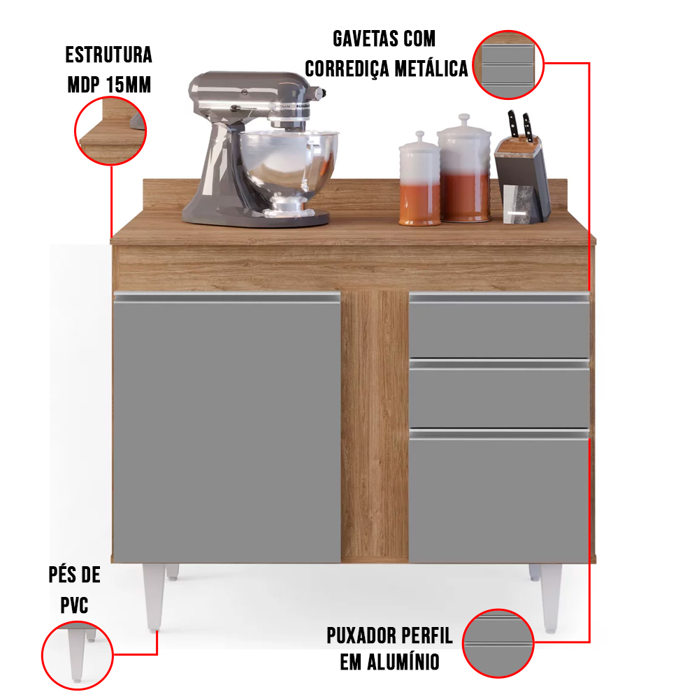 Kit Armário Aéreo e Balcão de Cozinha Lavanderia Aurora com Tampo Castanho e Cinza 100 cm - D'Rossi