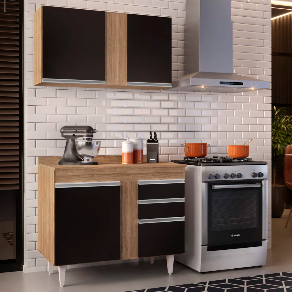 Kit Armário Aéreo e Balcão de Cozinha Lavanderia Aurora com Tampo Castanho e Cinza 100 cm - D'Rossi