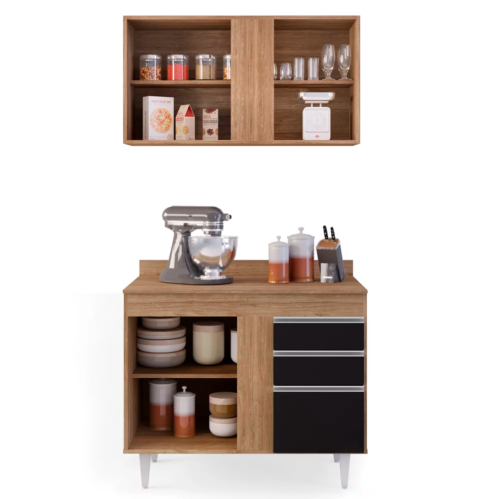 Kit Armário Aéreo e Balcão de Cozinha Lavanderia Aurora com Tampo Castanho e Cinza 100 cm - D'Rossi