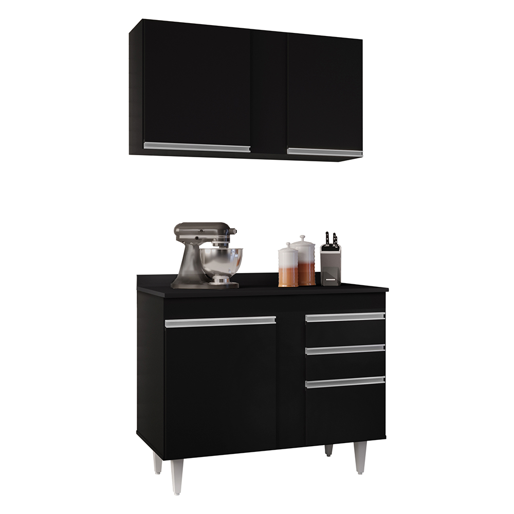Kit Armário Aéreo e Balcão de Cozinha Lavanderia Aurora com Tampo Preto 100 cm - D'Rossi