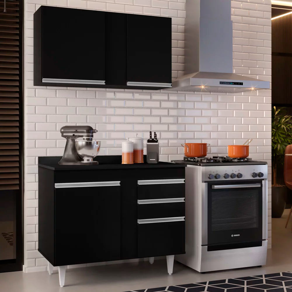 Kit Armário Aéreo e Balcão de Cozinha Lavanderia Aurora com Tampo Preto 100 cm - D'Rossi