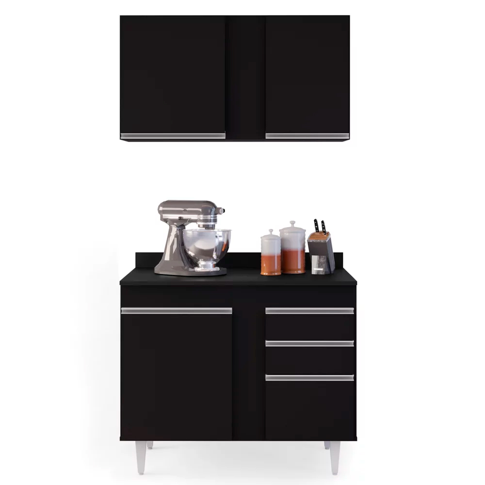 Kit Armário Aéreo e Balcão de Cozinha Lavanderia Aurora com Tampo Preto 100 cm - D'Rossi