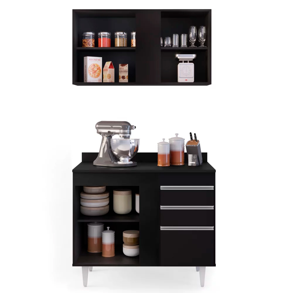 Kit Armário Aéreo e Balcão de Cozinha Lavanderia Aurora com Tampo Preto 100 cm - D'Rossi