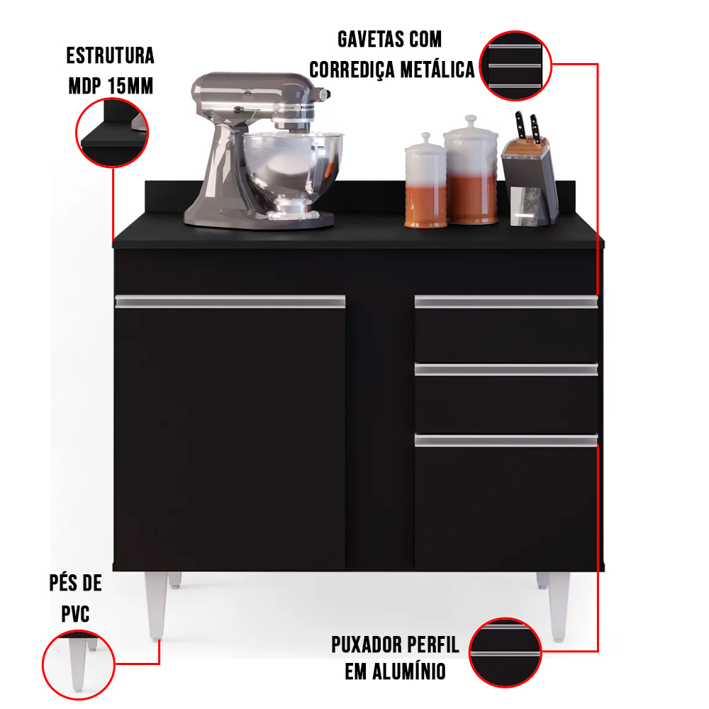 Kit Armário Aéreo e Balcão de Cozinha Lavanderia Aurora com Tampo Preto 100 cm - D'Rossi