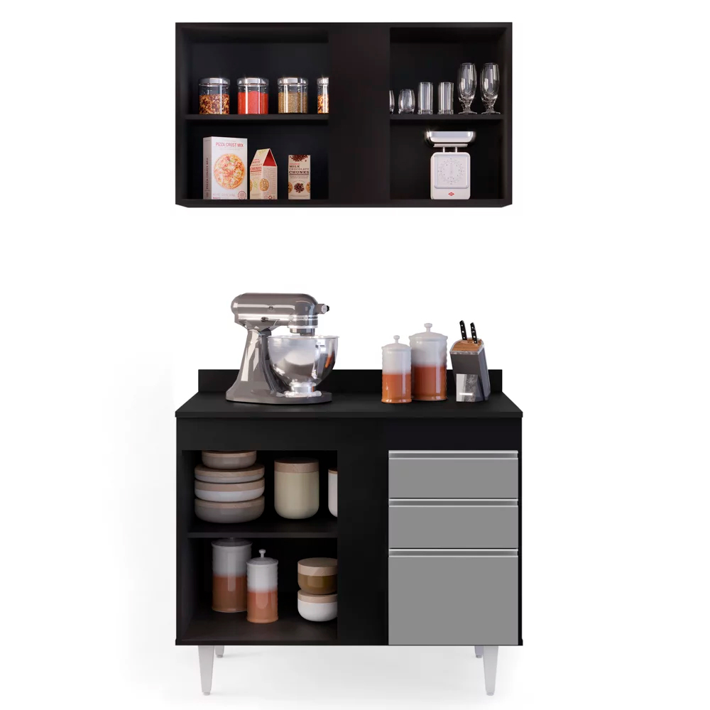 Kit Armário Aéreo e Balcão de Cozinha Lavanderia Aurora com Tampo Preto e Cinza 100 cm - D'Rossi