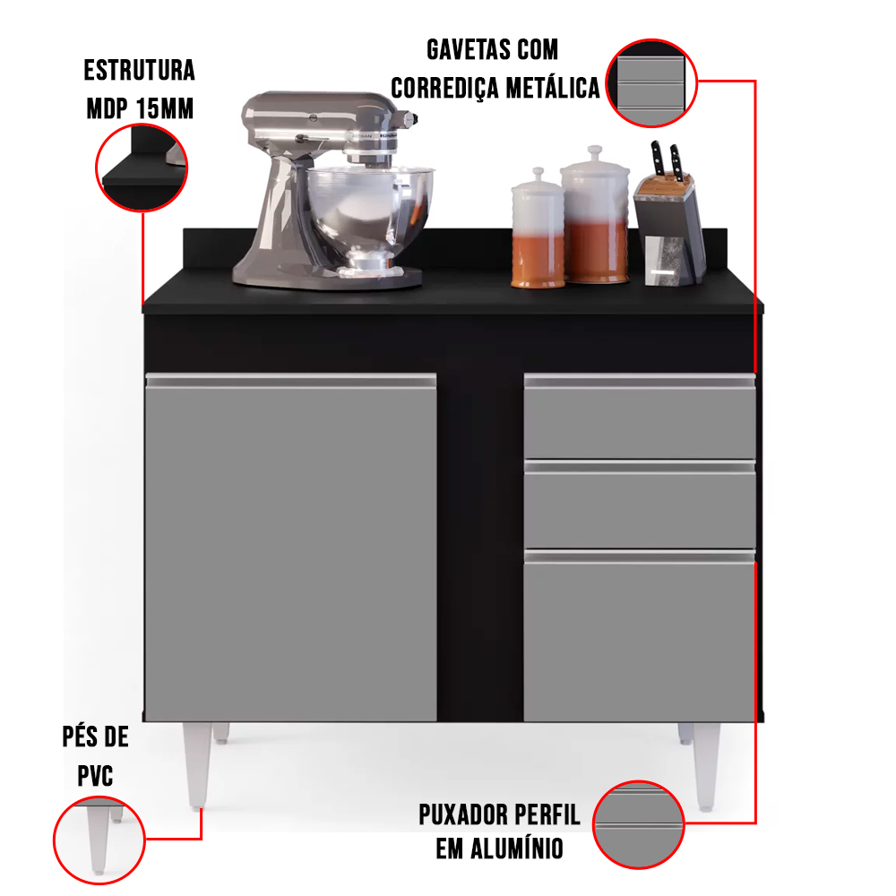 Kit Armário Aéreo e Balcão de Cozinha Lavanderia Aurora com Tampo Preto e Cinza 100 cm - D'Rossi
