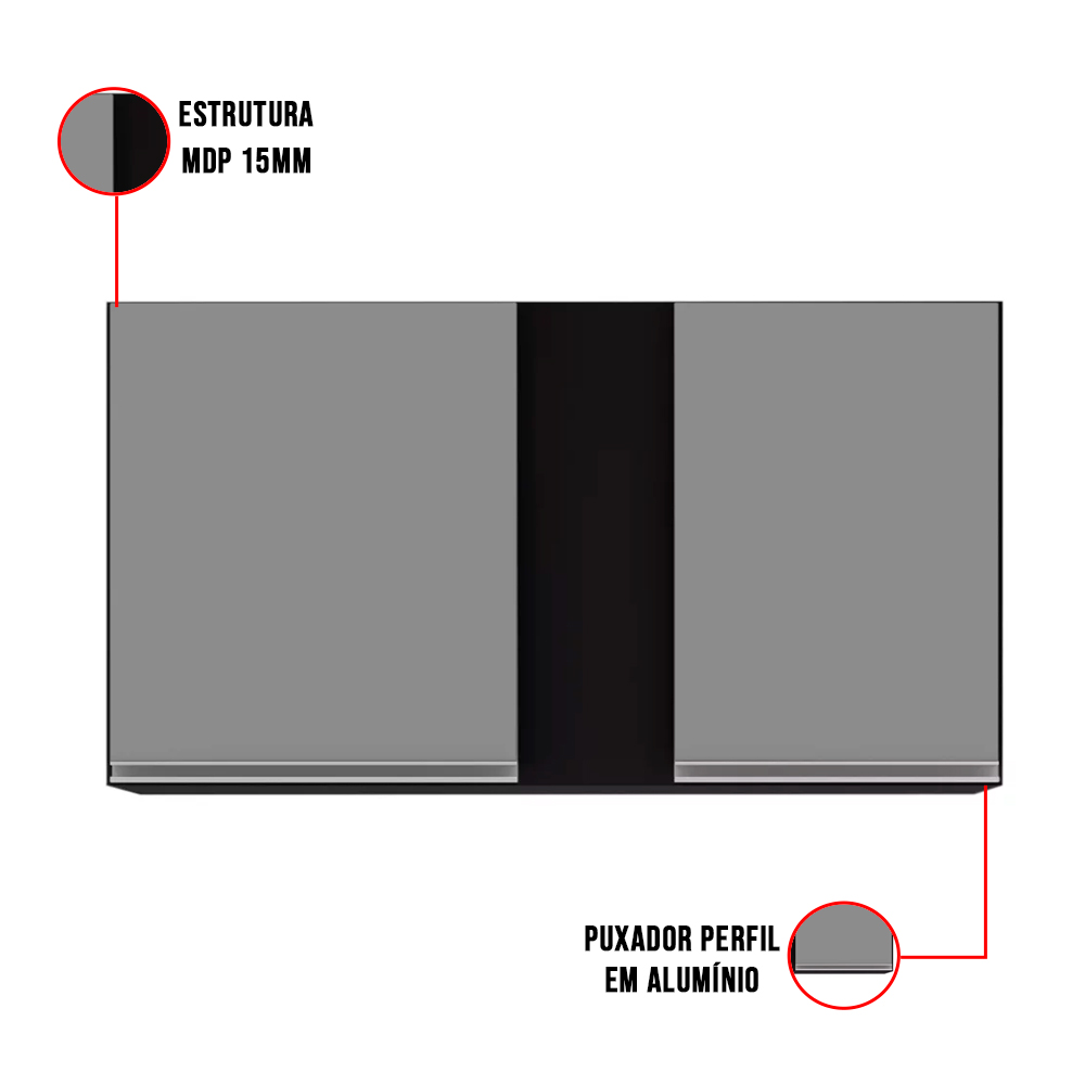Kit Armário Aéreo e Balcão de Cozinha Lavanderia Aurora com Tampo Preto e Cinza 100 cm - D'Rossi