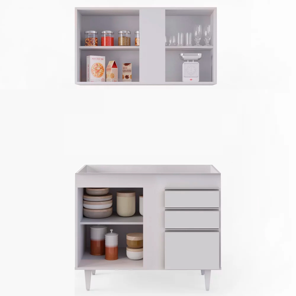 Kit Armário Aéreo e Balcão de Cozinha Lavanderia Aurora sem Tampo Branco 100 cm - D'Rossi