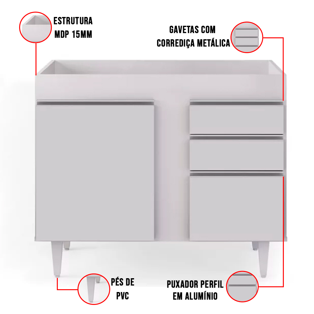 Kit Armário Aéreo e Balcão de Cozinha Lavanderia Aurora sem Tampo Branco 100 cm - D'Rossi