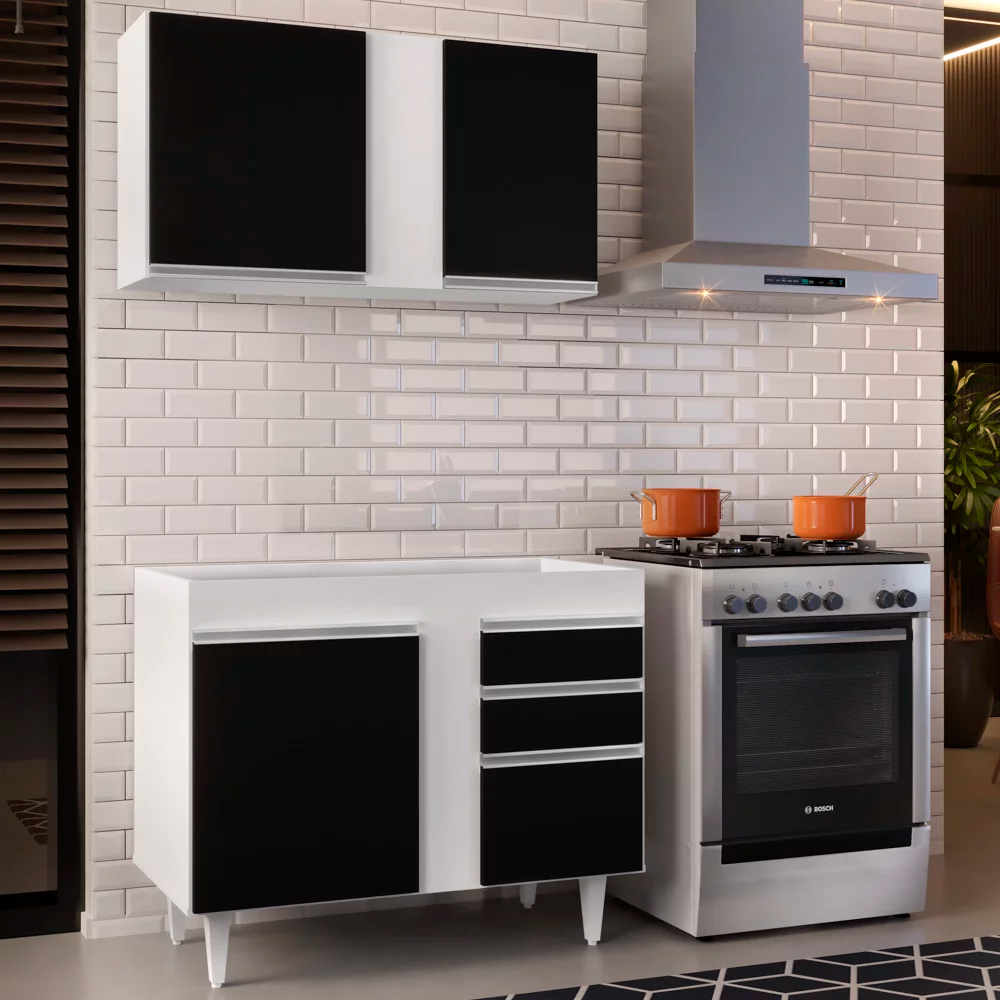 Kit Armário Aéreo e Balcão de Cozinha Lavanderia Aurora sem Tampo Branco e Preto 100 cm - D'Rossi