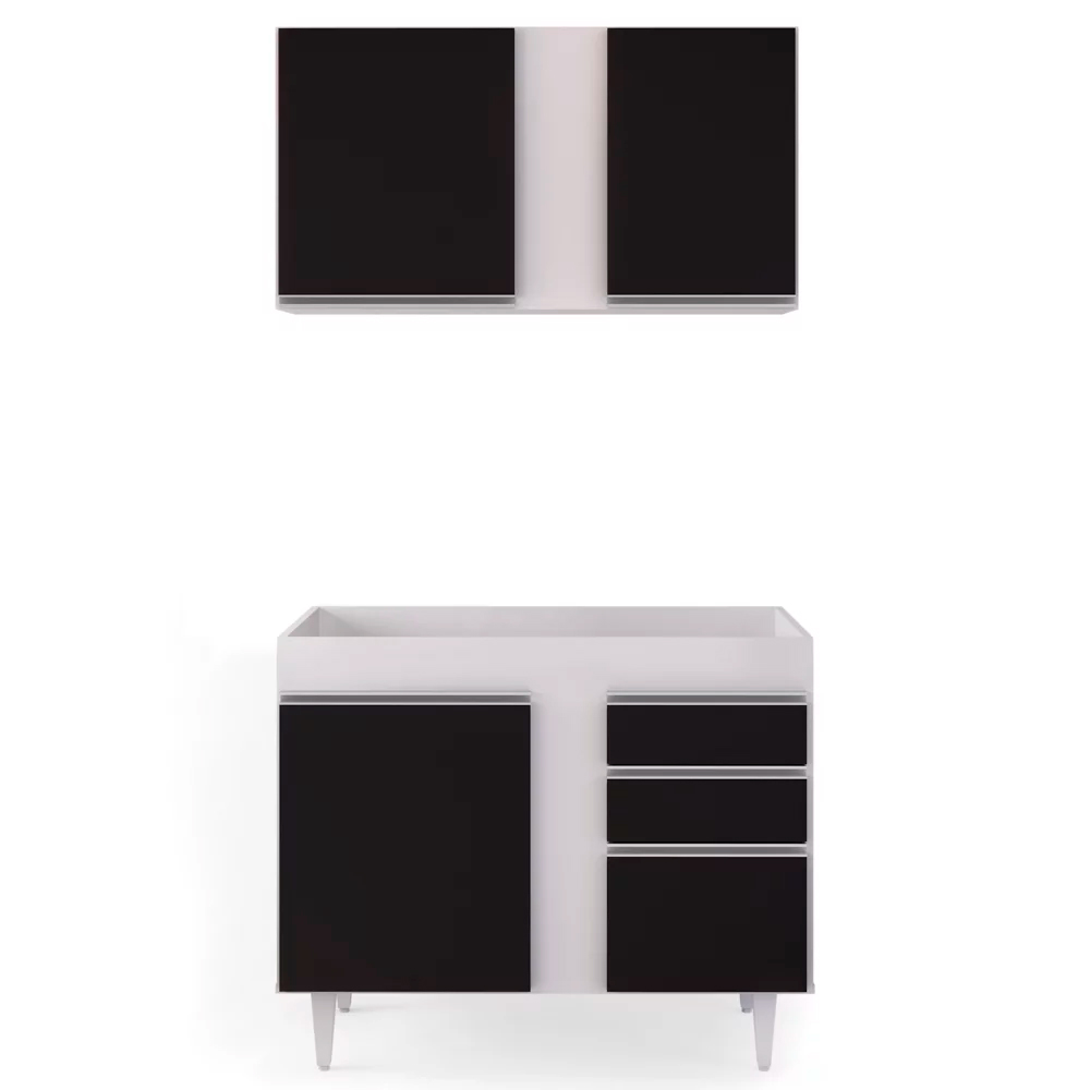 Kit Armário Aéreo e Balcão de Cozinha Lavanderia Aurora sem Tampo Branco e Preto 100 cm - D'Rossi