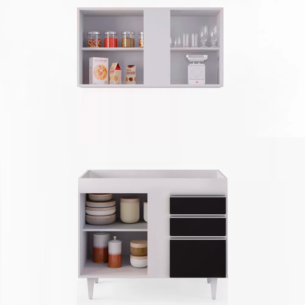 Kit Armário Aéreo e Balcão de Cozinha Lavanderia Aurora sem Tampo Branco e Preto 100 cm - D'Rossi
