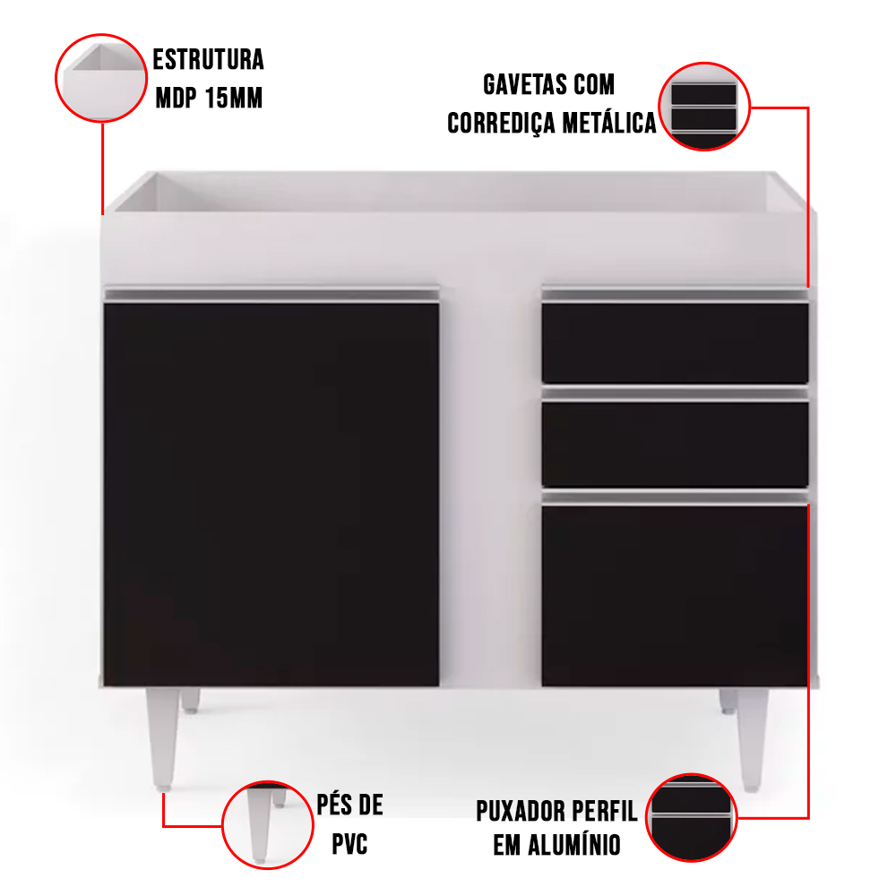 Kit Armário Aéreo e Balcão de Cozinha Lavanderia Aurora sem Tampo Branco e Preto 100 cm - D'Rossi