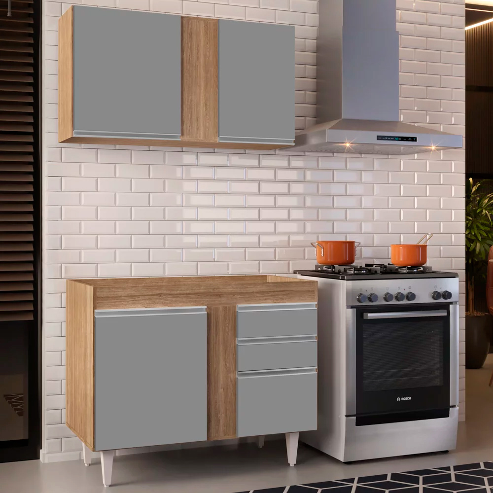 Kit Armário Aéreo e Balcão de Cozinha Lavanderia Aurora sem Tampo Castanho e Cinza 100 cm - D'Rossi