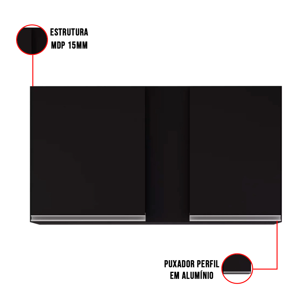 Kit Armário Aéreo e Balcão de Cozinha Lavanderia Aurora sem Tampo Preto 100 cm - D'Rossi