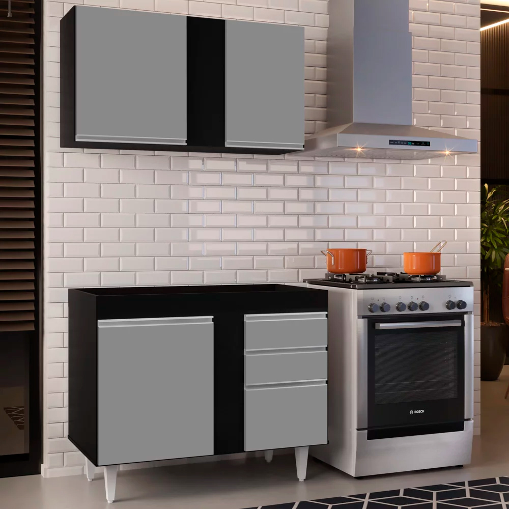 Kit Armário Aéreo e Balcão de Cozinha Lavanderia Aurora sem Tampo Preto e Cinza 100 cm - D'Rossi