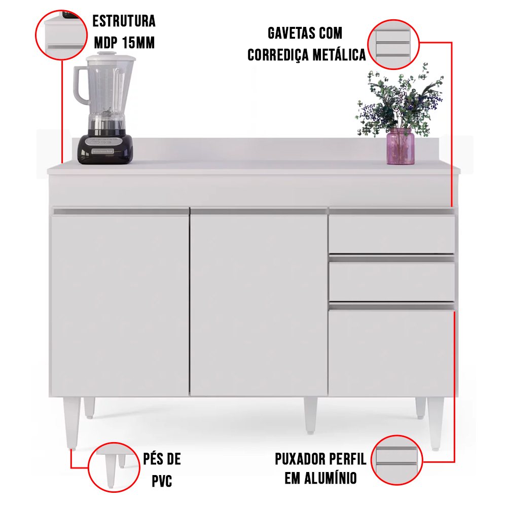 Kit Armário Aéreo e Balcão de Cozinha Lavanderia Dora com Tampo 120 cm - D'Rossi