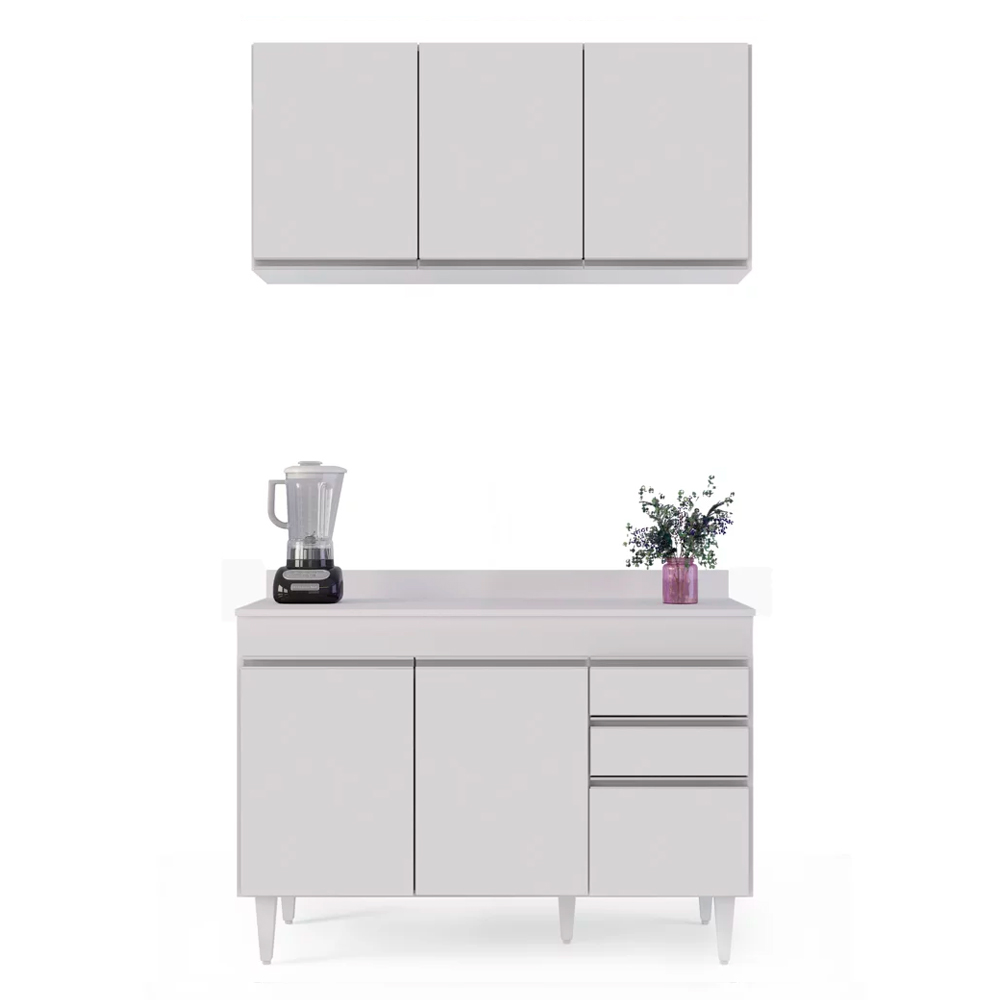 Kit Armário Aéreo e Balcão de Cozinha Lavanderia Dora com Tampo Branco 120 cm - D'Rossi