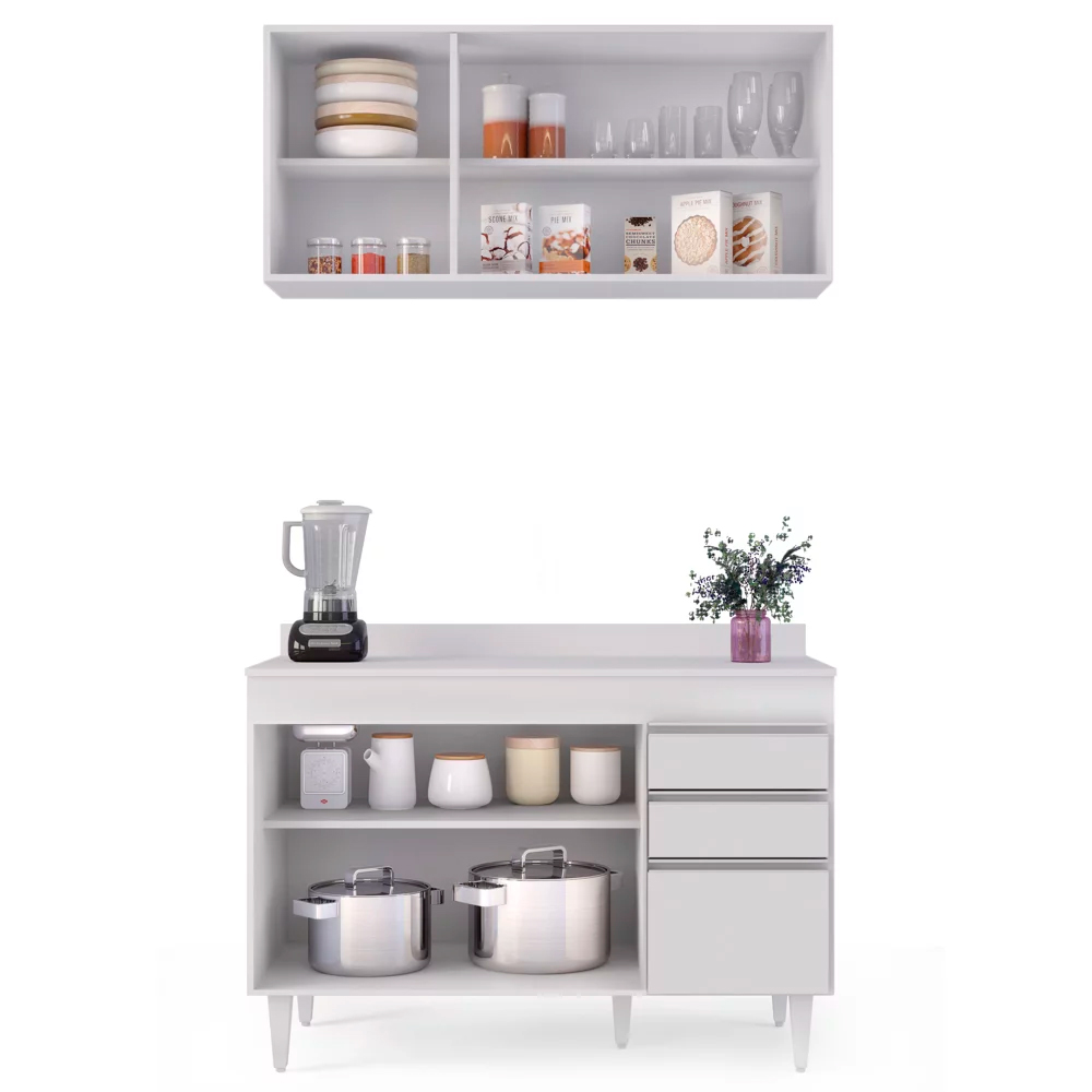 Kit Armário Aéreo e Balcão de Cozinha Lavanderia Dora com Tampo Branco 120 cm - D'Rossi