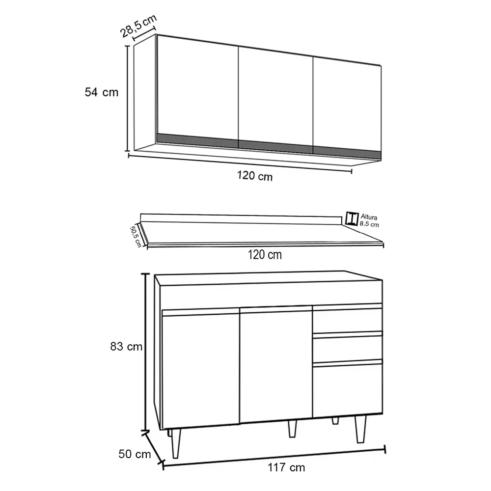 Kit Armário Aéreo e Balcão de Cozinha Lavanderia Dora com Tampo Branco 120 cm - D'Rossi