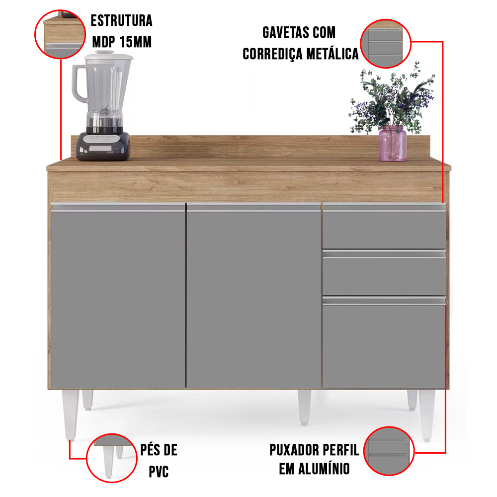 Kit Armário Aéreo e Balcão de Cozinha Lavanderia Dora com Tampo Castanho e Cinza 120 cm - D'Rossi