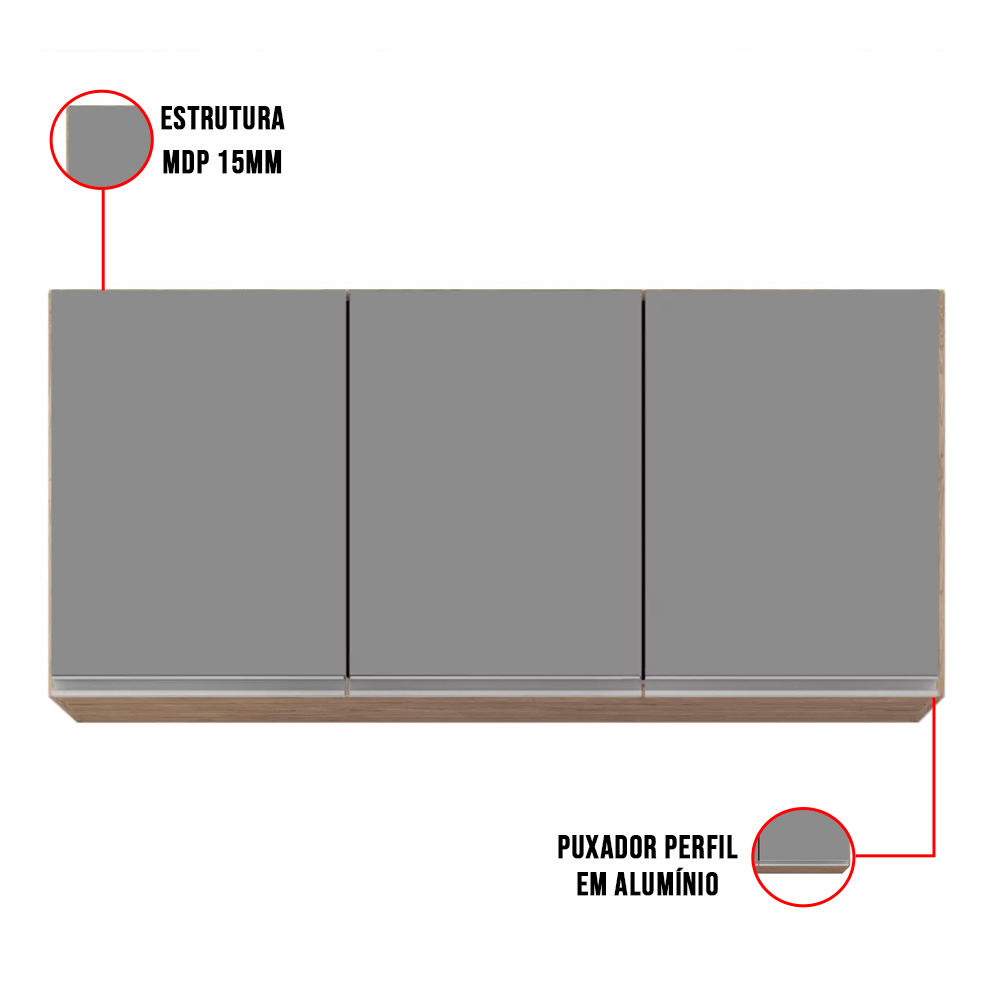 Kit Armário Aéreo e Balcão de Cozinha Lavanderia Dora com Tampo Castanho e Cinza 120 cm - D'Rossi
