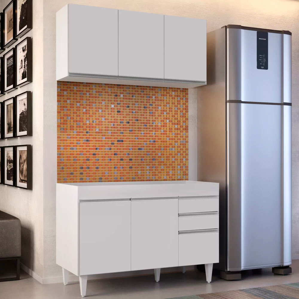 Kit Armário Aéreo e Balcão de Cozinha Lavanderia Dora sem Tampo Branco 120 cm - D'Rossi