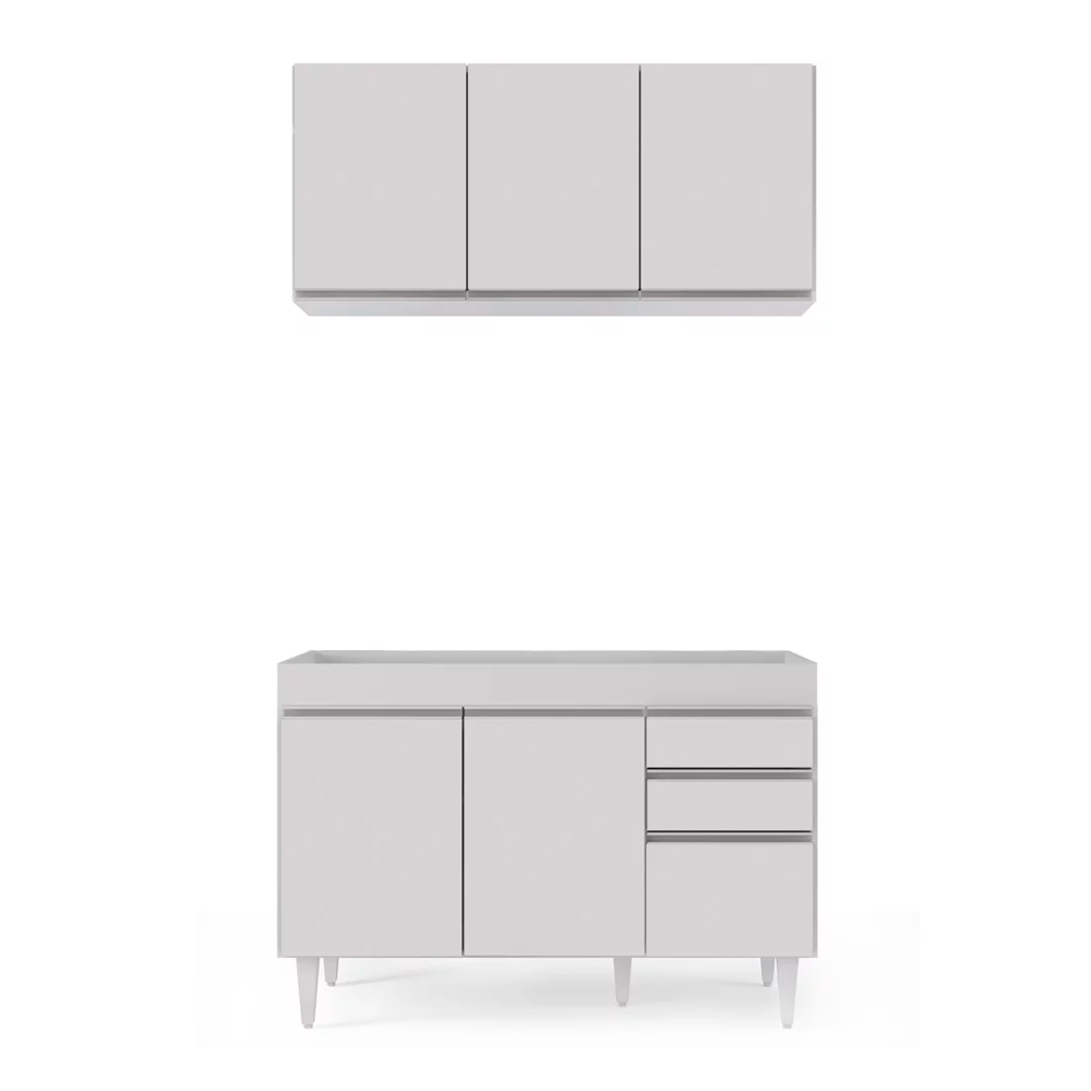 Kit Armário Aéreo e Balcão de Cozinha Lavanderia Dora sem Tampo Branco 120 cm - D'Rossi