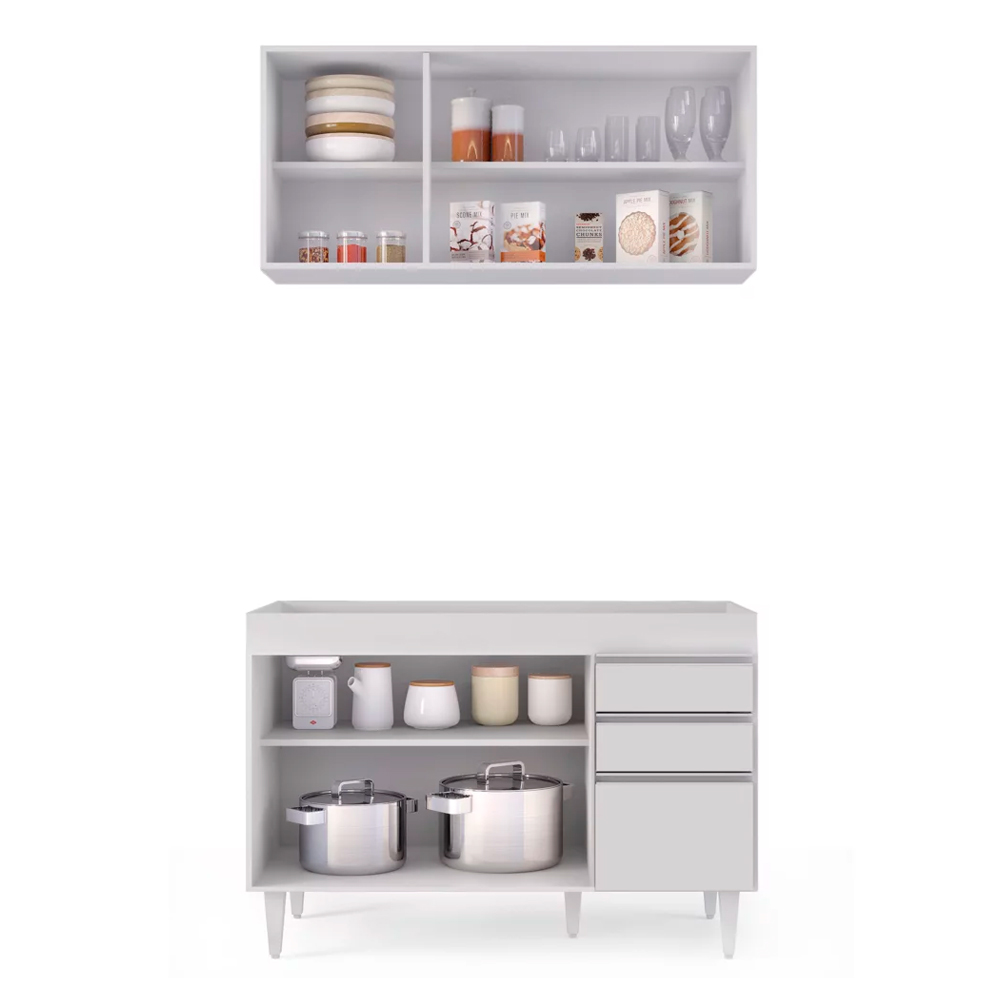 Kit Armário Aéreo e Balcão de Cozinha Lavanderia Dora sem Tampo Branco 120 cm - D'Rossi