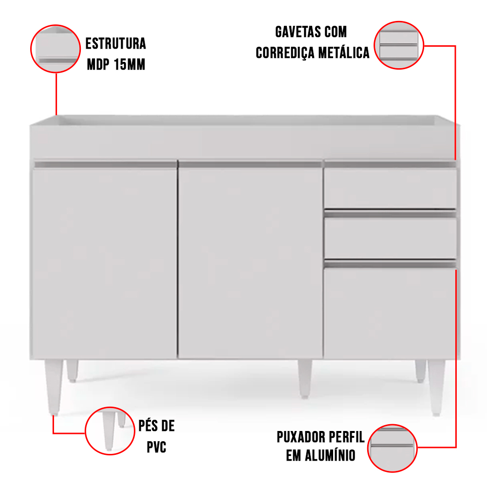 Kit Armário Aéreo e Balcão de Cozinha Lavanderia Dora sem Tampo Branco 120 cm - D'Rossi