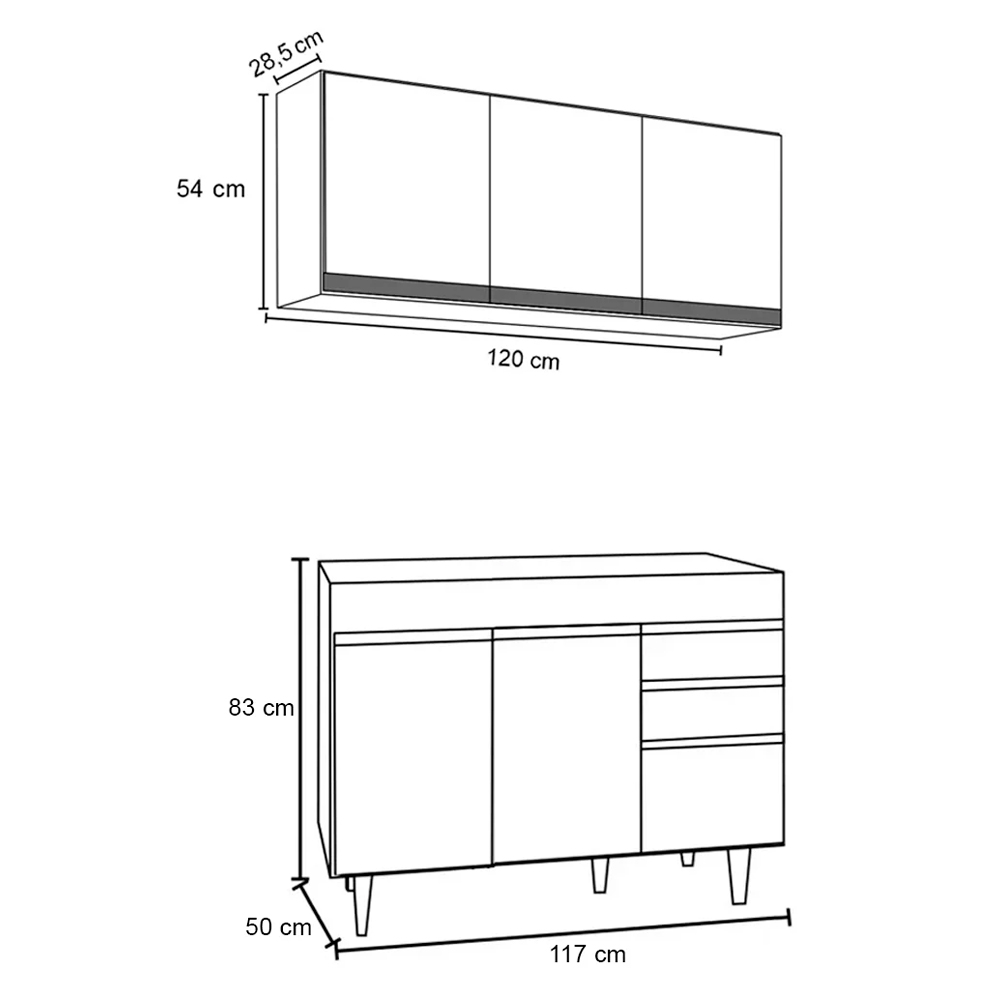 Kit Armário Aéreo e Balcão de Cozinha Lavanderia Dora sem Tampo Branco 120 cm - D'Rossi
