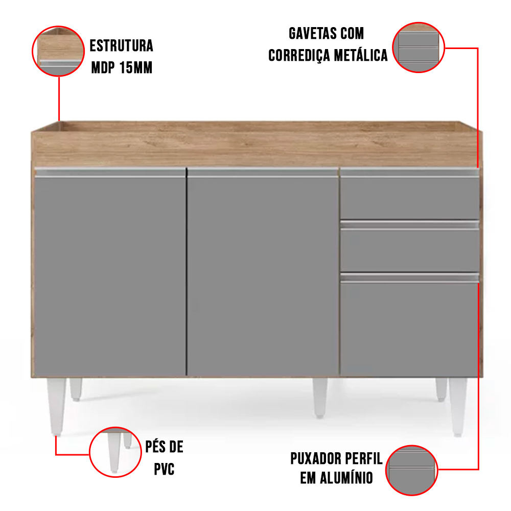 Kit Armário Aéreo e Balcão de Cozinha Lavanderia Dora sem Tampo Castanho e Cinza 120 cm - D'Rossi