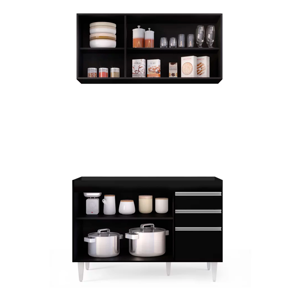 Kit Armário Aéreo e Balcão de Cozinha Lavanderia Dora sem Tampo Preto 120 cm - D'Rossi