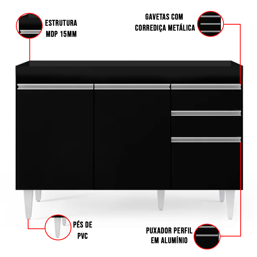 Kit Armário Aéreo e Balcão de Cozinha Lavanderia Dora sem Tampo Preto 120 cm - D'Rossi