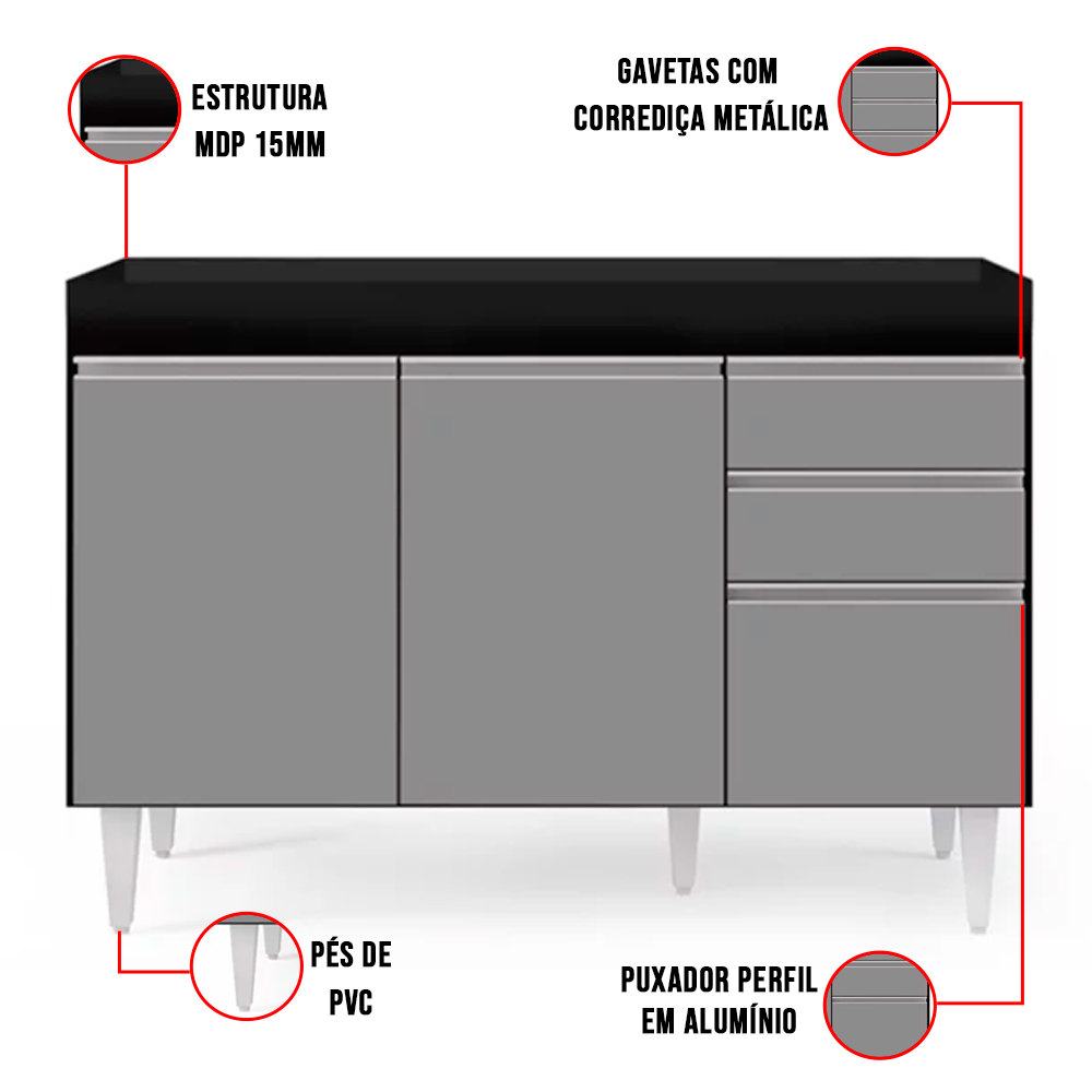 Kit Armário Aéreo e Balcão de Cozinha Lavanderia Dora sem Tampo Preto e Cinza 120 cm - D'Rossi