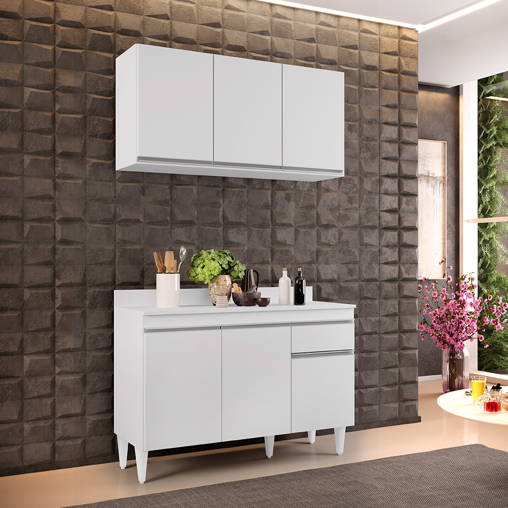 Kit Armário Aéreo e Balcão de Cozinha Lavanderia Lucy com Tampo 120 cm - D'Rossi