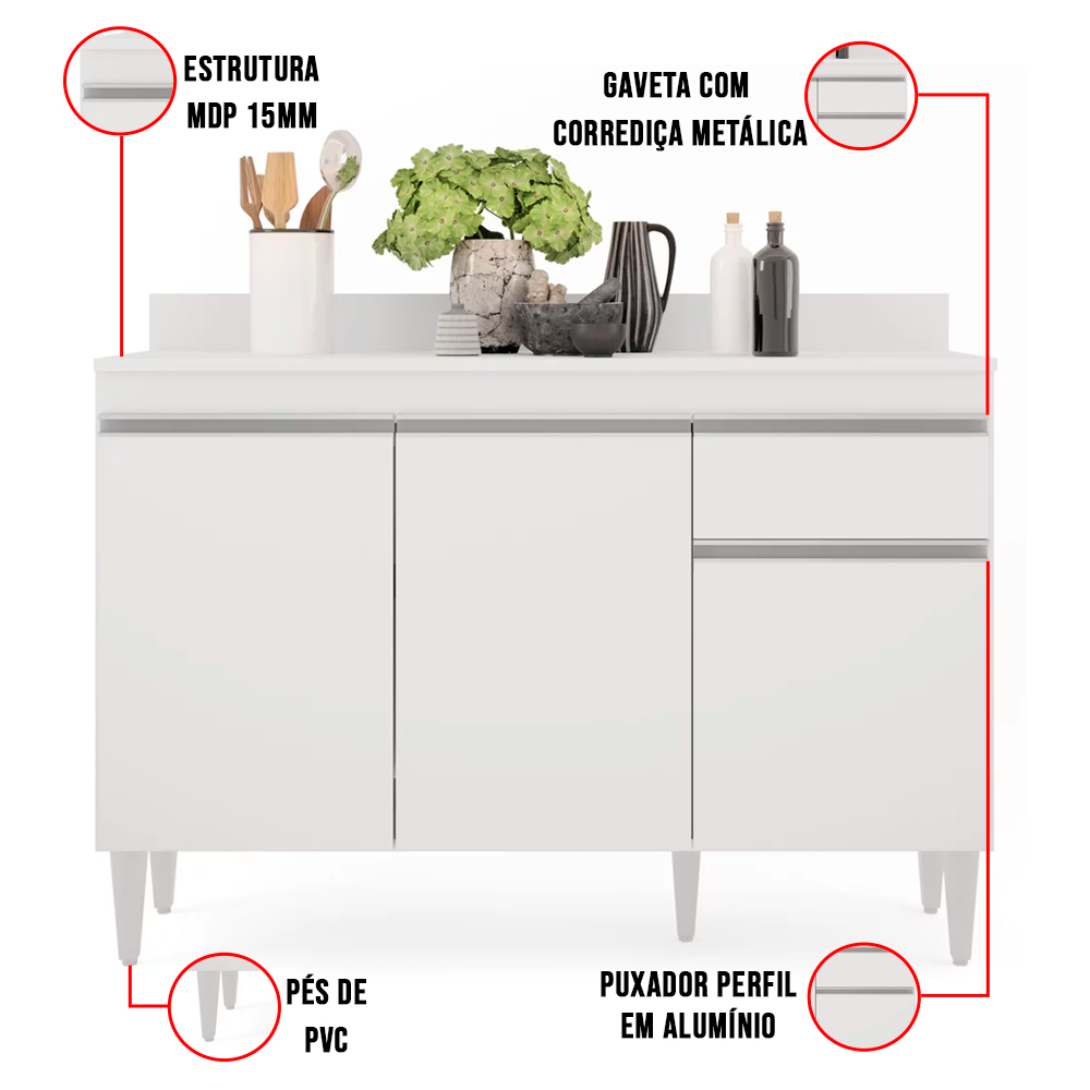 Kit Armário Aéreo e Balcão de Cozinha Lavanderia Lucy com Tampo 120 cm - D'Rossi