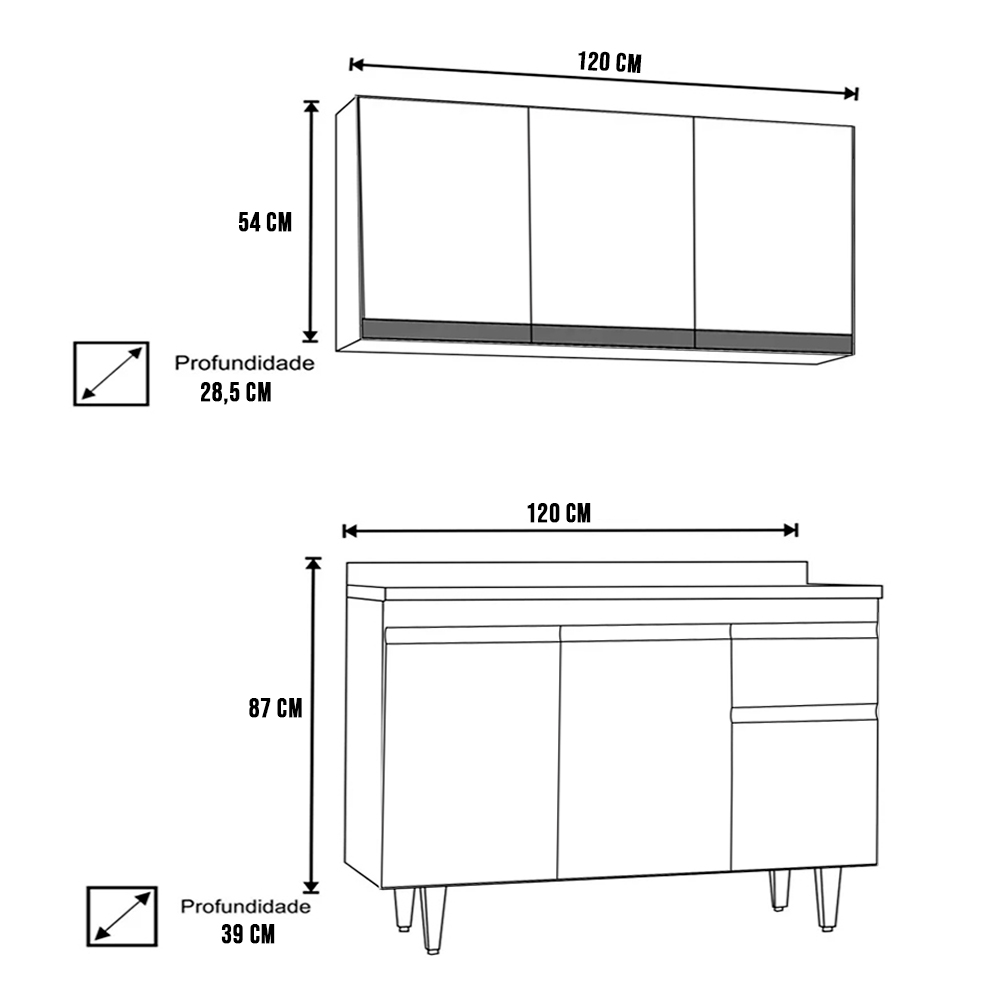 Kit Armário Aéreo e Balcão de Cozinha Lavanderia Lucy com Tampo 120 cm - D'Rossi