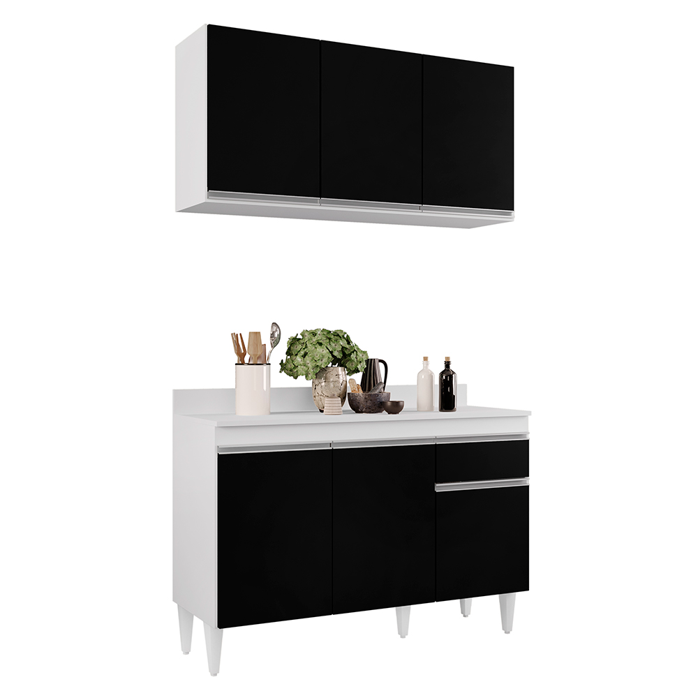 Kit Armário Aéreo e Balcão de Cozinha Lavanderia Lucy com Tampo Branco e Preto 120 cm - D'Rossi