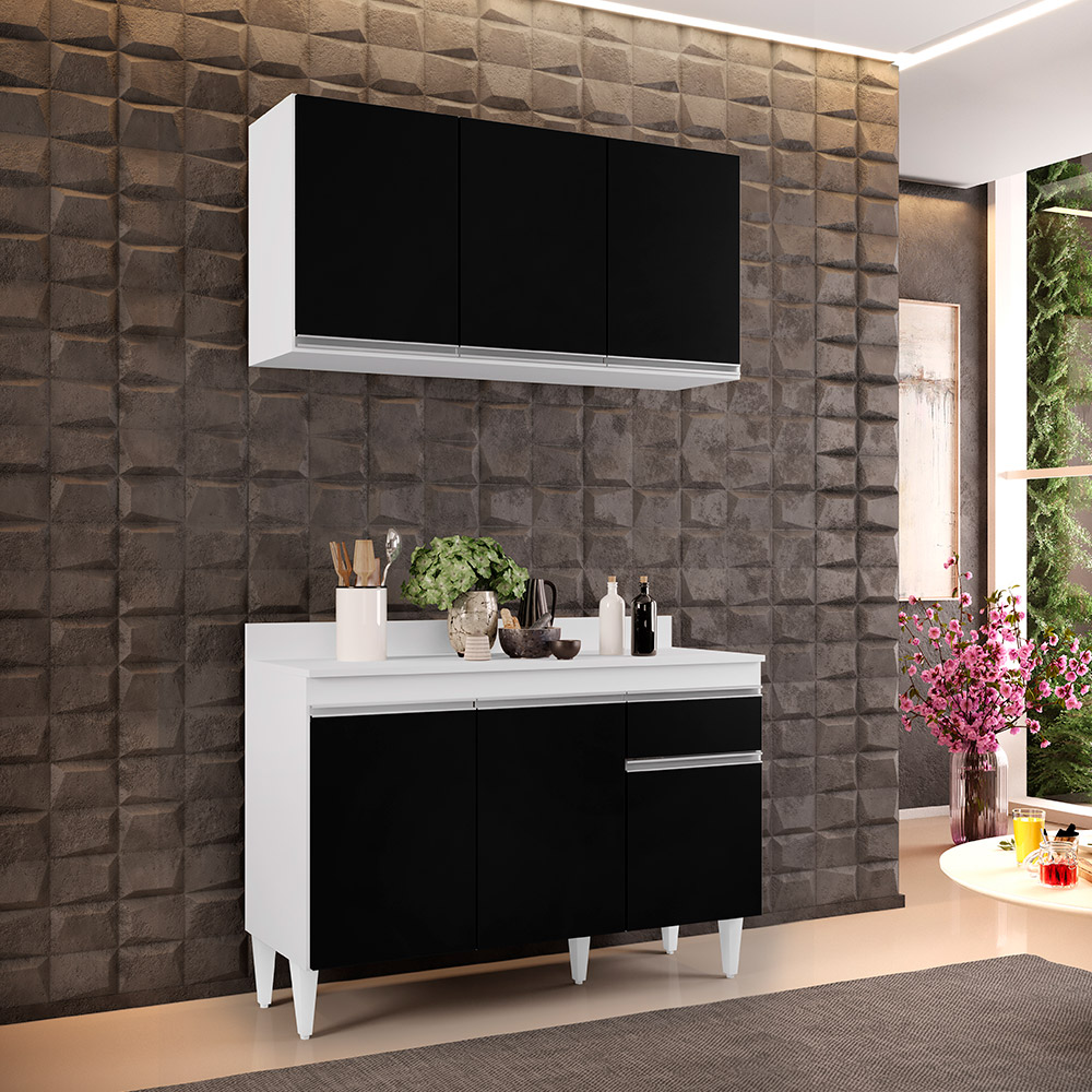 Kit Armário Aéreo e Balcão de Cozinha Lavanderia Lucy com Tampo Branco e Preto 120 cm - D'Rossi