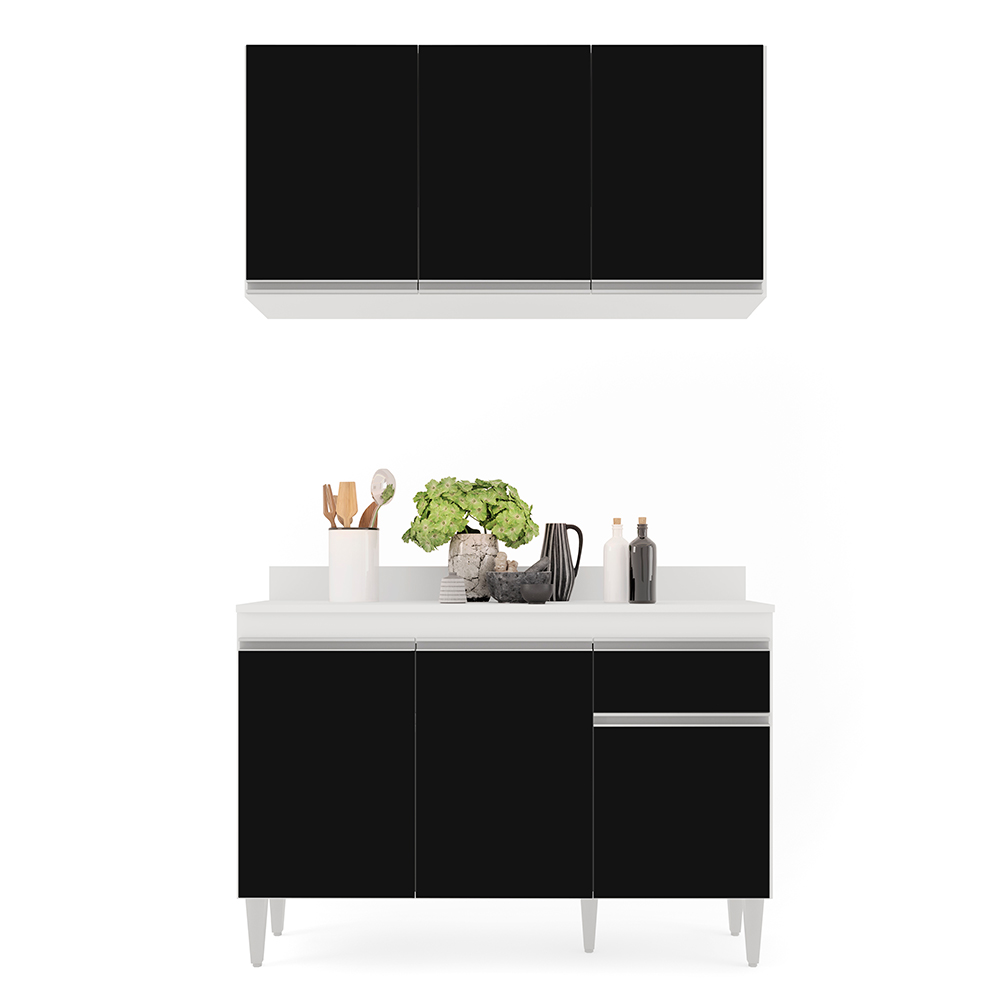 Kit Armário Aéreo e Balcão de Cozinha Lavanderia Lucy com Tampo Branco e Preto 120 cm - D'Rossi