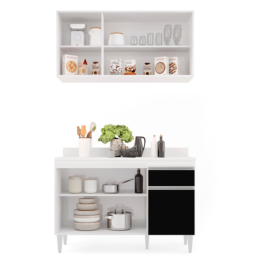 Kit Armário Aéreo e Balcão de Cozinha Lavanderia Lucy com Tampo Branco e Preto 120 cm - D'Rossi