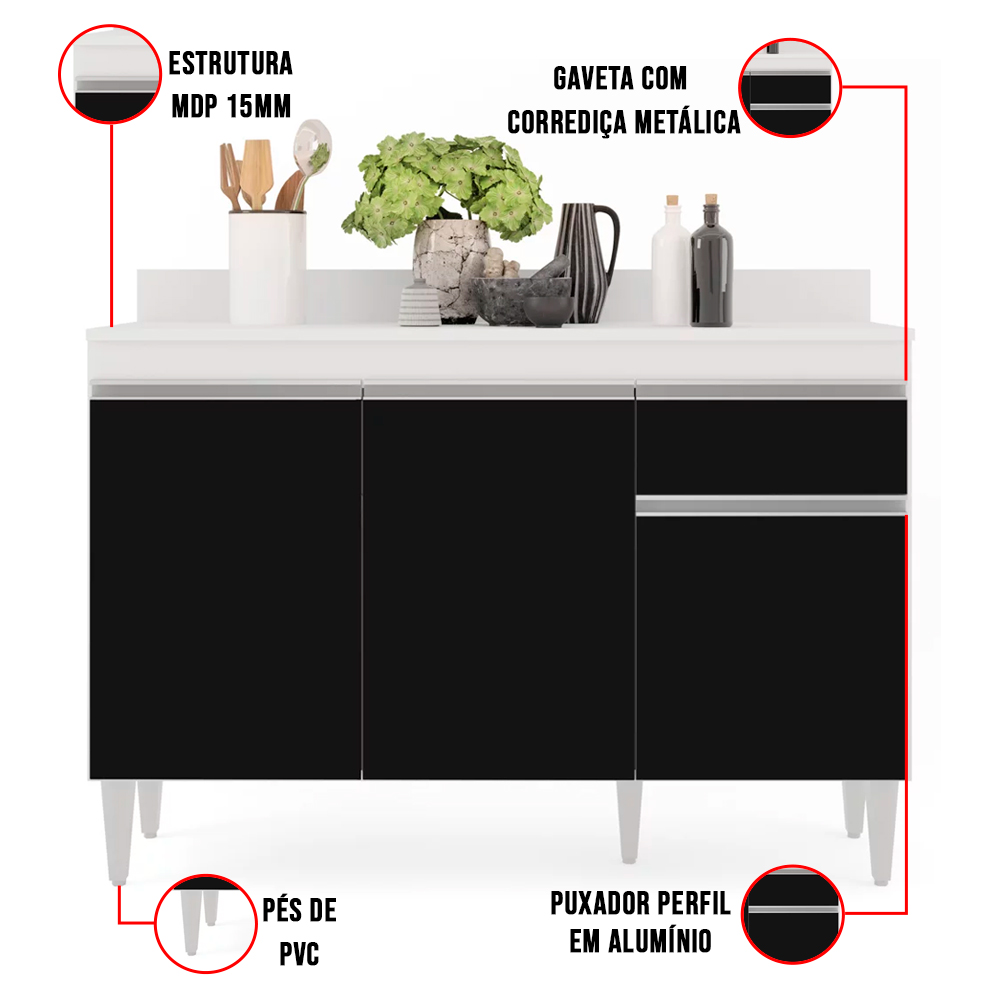Kit Armário Aéreo e Balcão de Cozinha Lavanderia Lucy com Tampo Branco e Preto 120 cm - D'Rossi