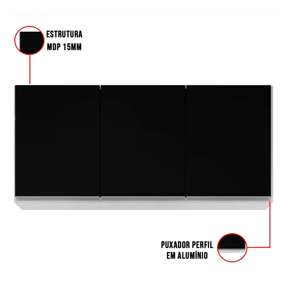 Kit Armário Aéreo e Balcão de Cozinha Lavanderia Lucy com Tampo Branco e Preto 120 cm - D'Rossi