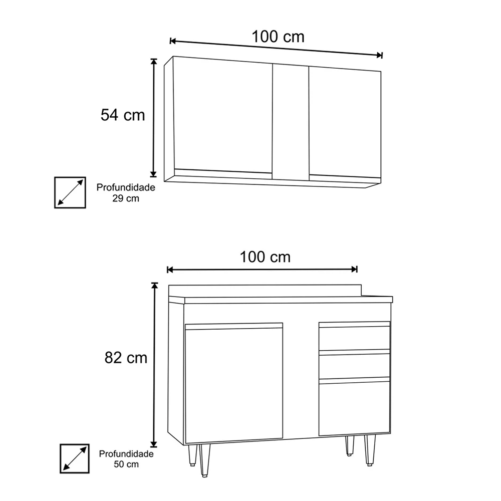 Kit Armário Aéreo e Balcão de Cozinha Lavanderia Lucy com Tampo Branco e Preto 120 cm - D'Rossi