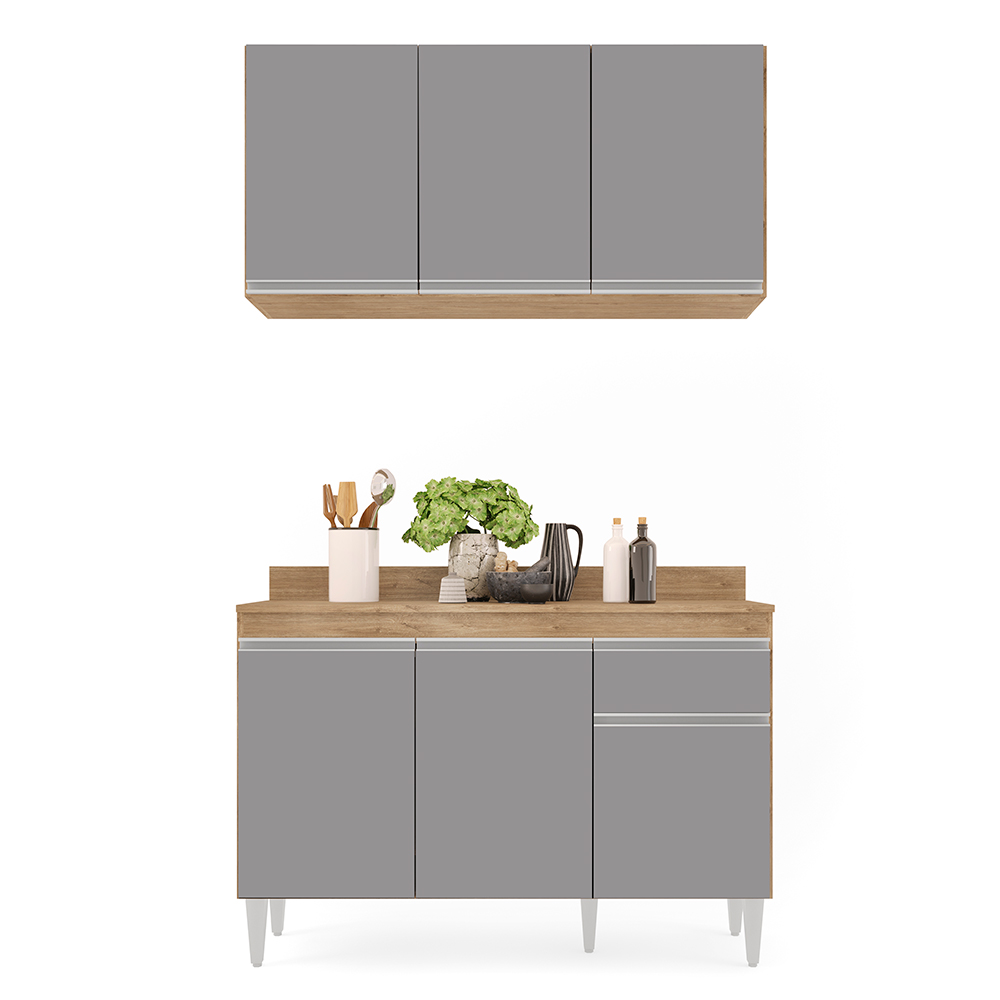 Kit Armário Aéreo e Balcão de Cozinha Lavanderia Lucy com Tampo Castanho e Cinza 120 cm - D'Rossi